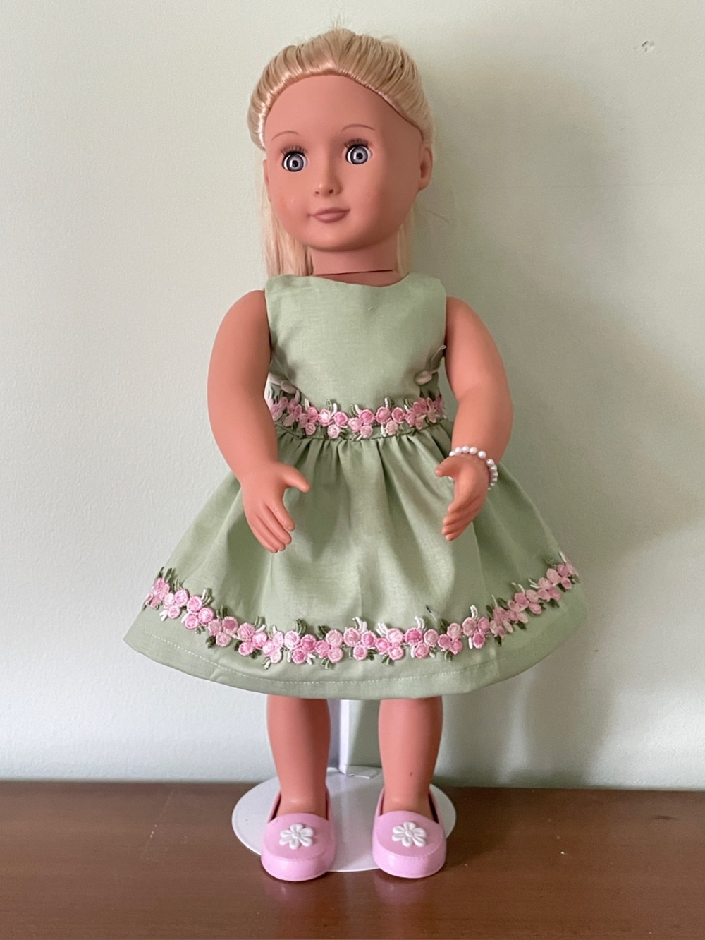 Green Doll Dress with Pink Floral Trim - Brand